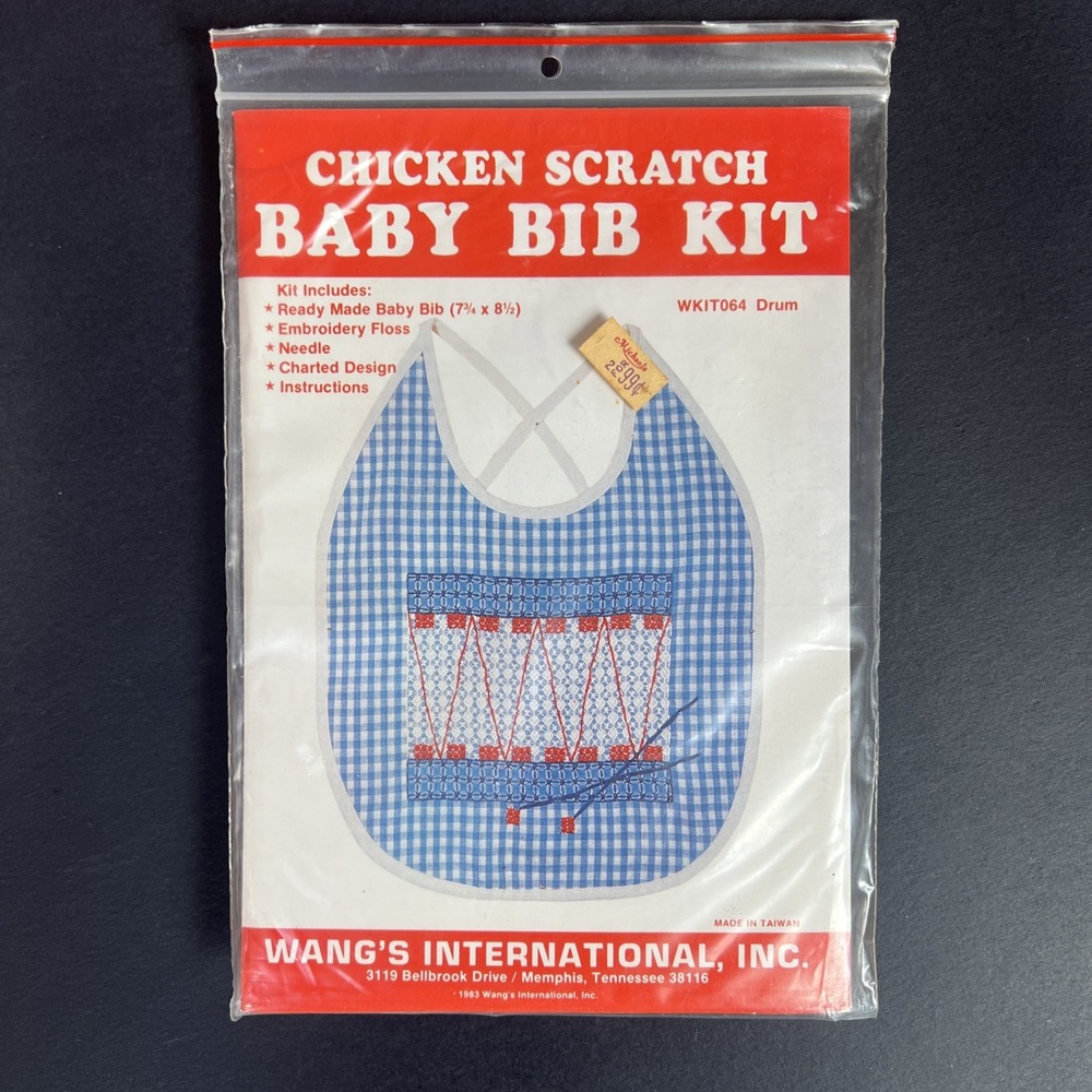1983 VTG Chicken Scratch Baby Bib Embroidery Kit Drum Blue Gingham NOS